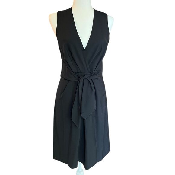 Theory Tie Front Kenza Dress Sleeveless Black Pleated V Neck A Line Womens 6 - Picture 1 of 6